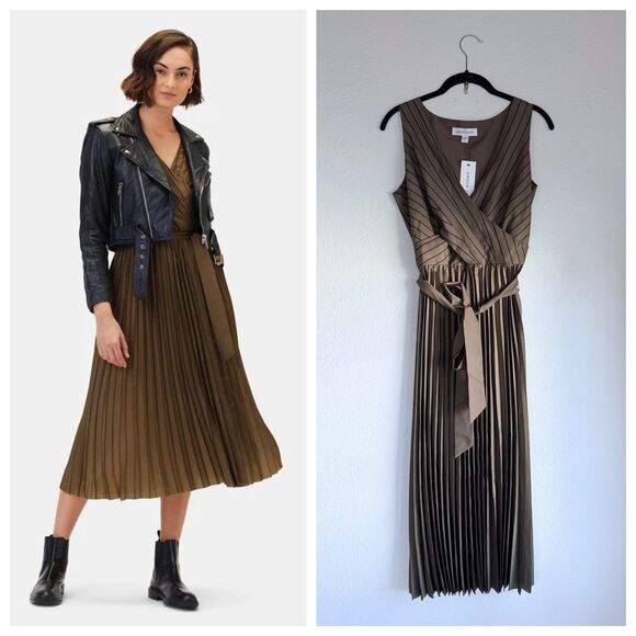 Amour Vert Dresses & Skirts - NWT Amour Vert Cambria Pinstripe Pleated Sleeveless Dress in Bronzed Olive Sz S